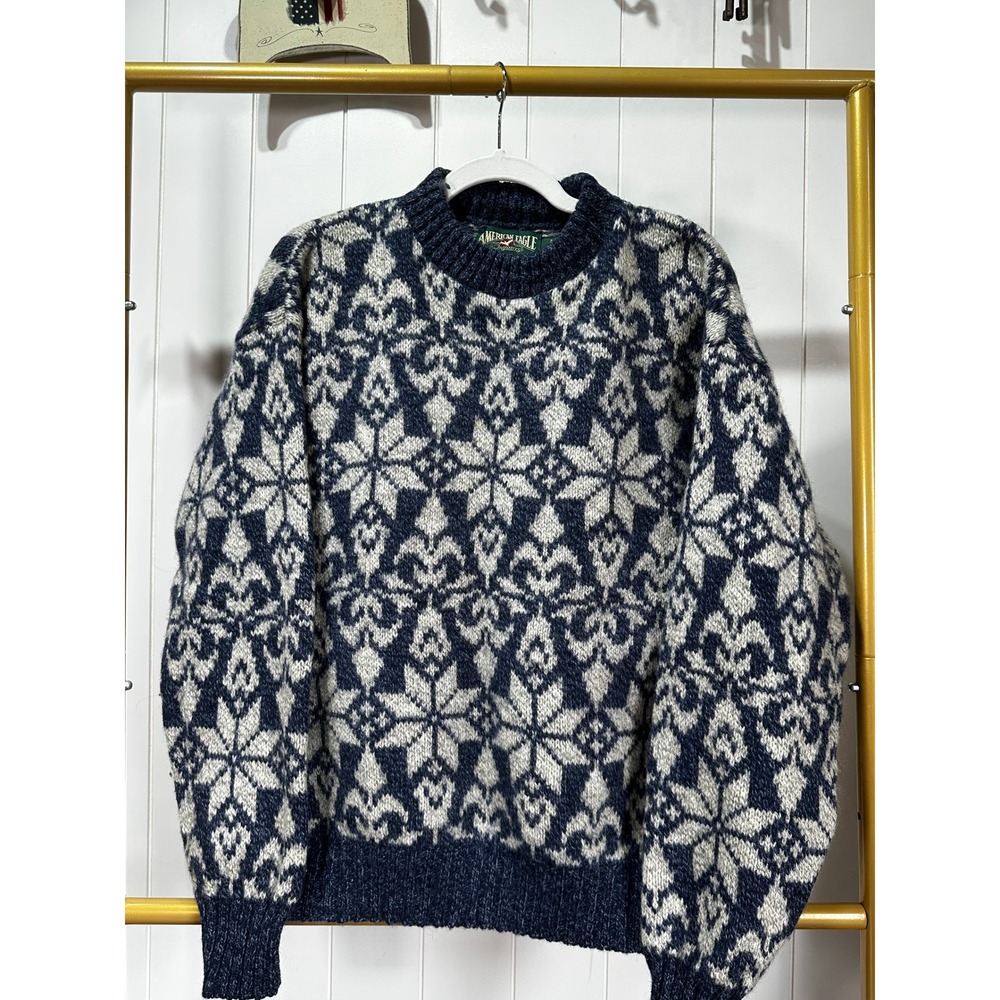 American Eagle Vintage Nordic Snowflake Fair Isle Wool Blend Sweater Navy Blue L